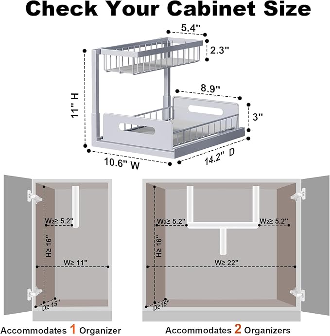 Under Sink Organizer, L-Shaped 2 Tier Pull Out Cabinet Organizer | For Kitchen and Bathroom, Slide Out Under Cabinet Storage, Metal Under Sink Storage with Sliding Drawer, 50 lbs, Grey 2 Pack