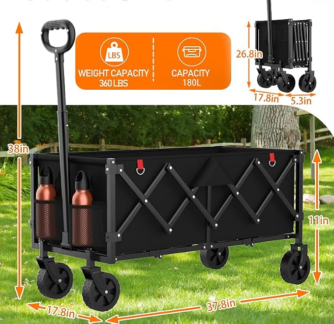 Extra Long Wagons Carts Foldable, 360LBS Heavy Duty Collapsible Wagon with Wheels, Folding Wagon Portable Utility Cart for Groceries, Shopping, Camping, Sports