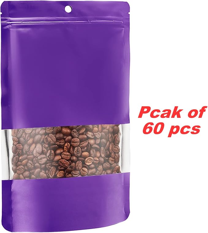 60 Pack Stand up Matte Metallic Storage Bags with Clear Front Window Heat-Sealable Resealable Solid Color Pouches for Food Storage Containers Organizer(Purple,5.9 * 8.6 inch,Pack of 60)