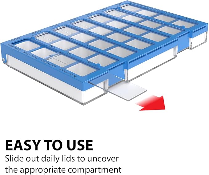 EZY DOSE Weekly AM/PM (7-Day) Daily Practidose Pill Planner, Medicine Case, Vitamin and Supplement Organizer, Large Easy Fill Compartments, 4 Times a Day, 28 Compartments, Clear Lids, Blue, BPA Free