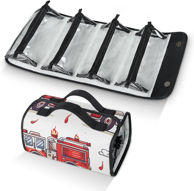 Fire Truck Makeup Bag for Women Hanging Roll-Up Travel Organizer Toiletry Kit with 4 Removable Compartments, Transportation