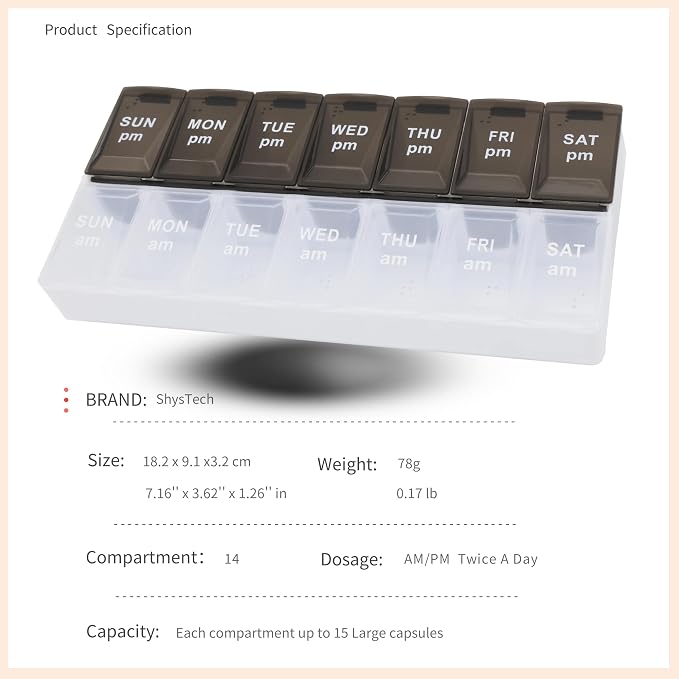 7 Day Weekly Pill AM PM Organizer, ShysTech Large Pill Case Pill Box for Pills/Vitamin/Supplements/Medication (Black/White)