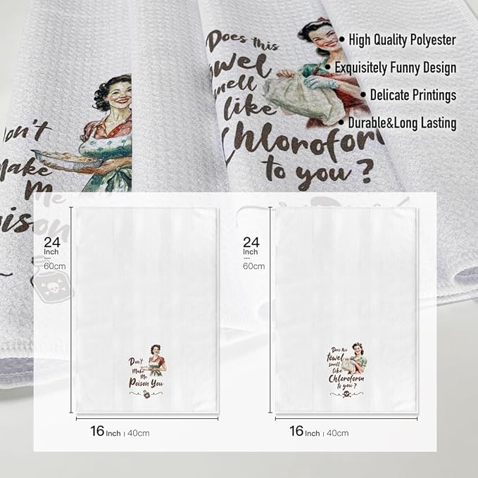 Funny Retro Housewife Kitchen Towels | Exclusive Humorous Pattern | Absorbent Decorative Tea Towels 16x24 Inch 2Pack Microfiber Kitchen Decor Housewarming Gifts for Women Men