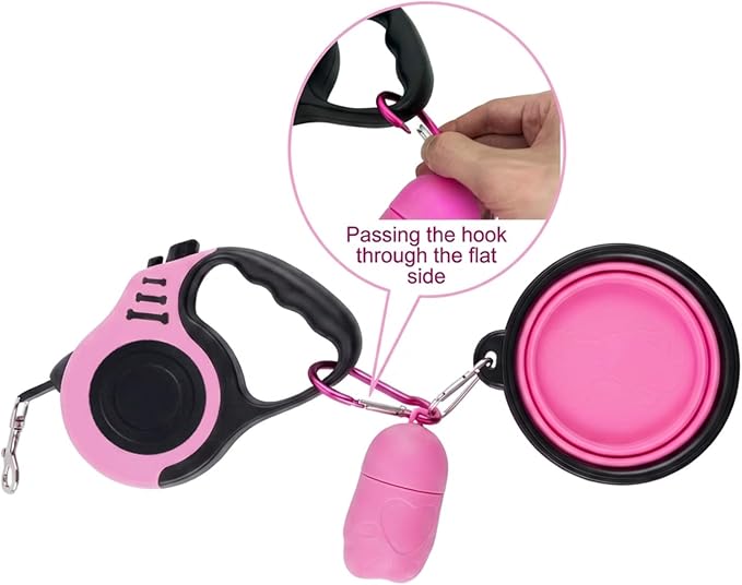 PETIMP Retractable Dog Leash Lightweight 16FT Leash Set | with Folding Bowl, Dispenser, Waste Bags, for Small Medium Dogs (Pink)