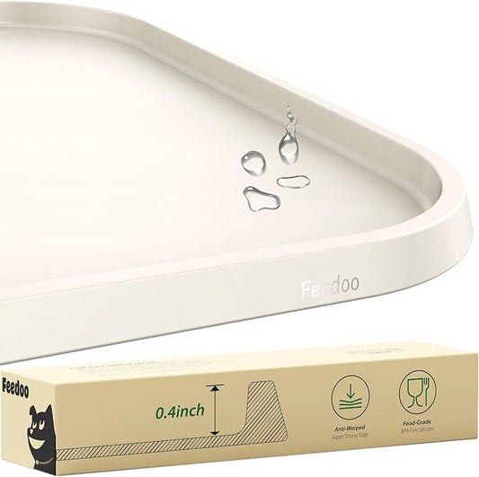 Pet Feeding Mat [Warped Resistant Raised Edge], Water-Proof Silicone Placement for Food Water Bowls, Anti-Slip Base Protect Floor, BPA-Free&Dishwasher-Safe [28.5x16.5inch XL, Sand White]