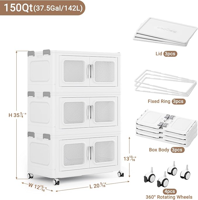 BROVIEW 150 Qt Extra Large Stackable Storage Bin with Lids, 3 Pack White | 37.5Gal Extra Large, Collapsible Storage Boxes with 3 Lids, Folding& Rolling Plastic Drawer, Heavy-Duty Cabinet Organization