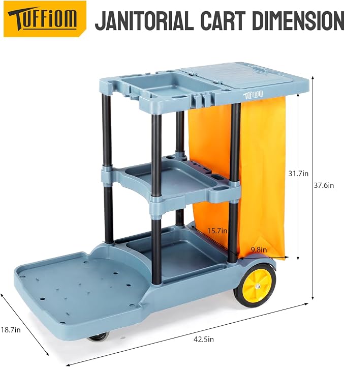 TUFFIOM Extra Large Commercial Traditional Cleaning Janitorial 3-Shelf Cart, 500 Lbs Housekeeping Cart, 42.5" L x 18.7" W x 37.6" H, Wheeled with 22 Gallon Yellow Vinyl Bag and Cover w lid, Blue