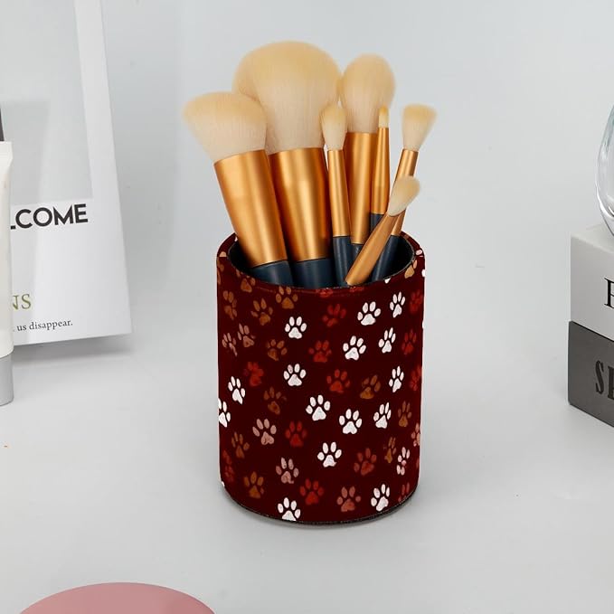 Faux Leather Pen Holder for Desk, Pencil Organizer Pet Paws Pen Cup Desk Decor Makeup Brush Holder Storage for Office Home