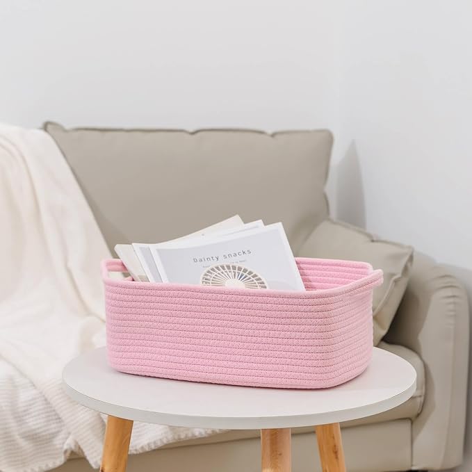 CubesLand Cube Storage Organizer Basket Bin, Cotton Rope Shelves Basket | Durable Woven Rectangular Shelf Basket for Organizing, Nursery Toys Basket, Pink Basket