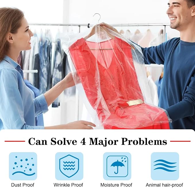 BEISHIDA 60PCS 35.5 Inch Plastic Garment Bag-Plastic Clear Dry Cleaner Laundry Bags for Clothes Cover Hanging Clothes Storage for Coat Suit Shirt Jacket Skirt