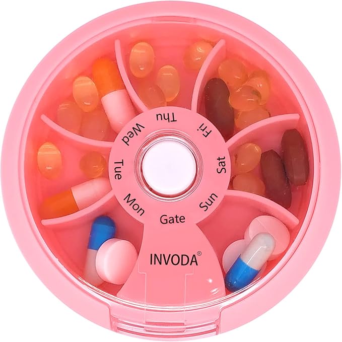 INVODA Weekly Pill Organizer 7 Compartment Rotating Pill Box for Daily | Cute Round Pill Organizer Fit purse pocket or backpack Portable Travel Pill Case for Fish Oil Supplements Vitamins Medication
