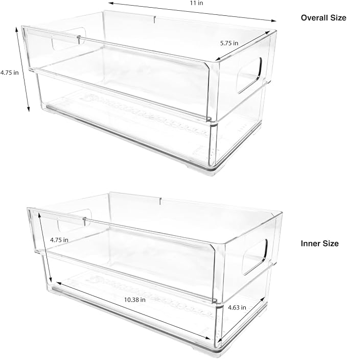 Isaac Jacobs 2-Pack Clear Expandable Storage Bins - Small | 11"-19" L x 5.8" W x 4.8" H, Plastic Organizer with Cut-Out Handles, Adjustable Length from 11-19" for Home, Kitchen & Office