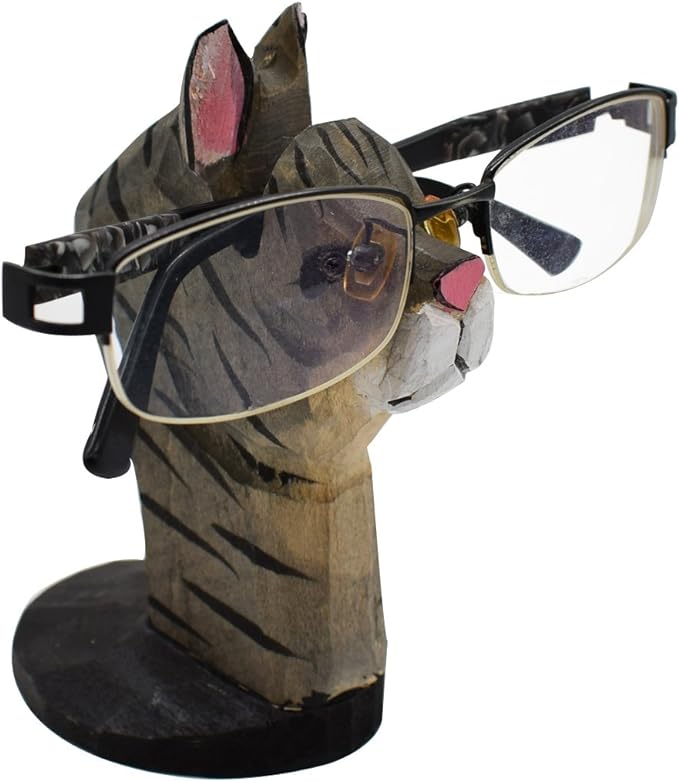 Handmade Wood Carving Eyeglasses Spectacle Holder Stand Sunglasses Display Rack Home Office Desk Décor Gift (Cat)