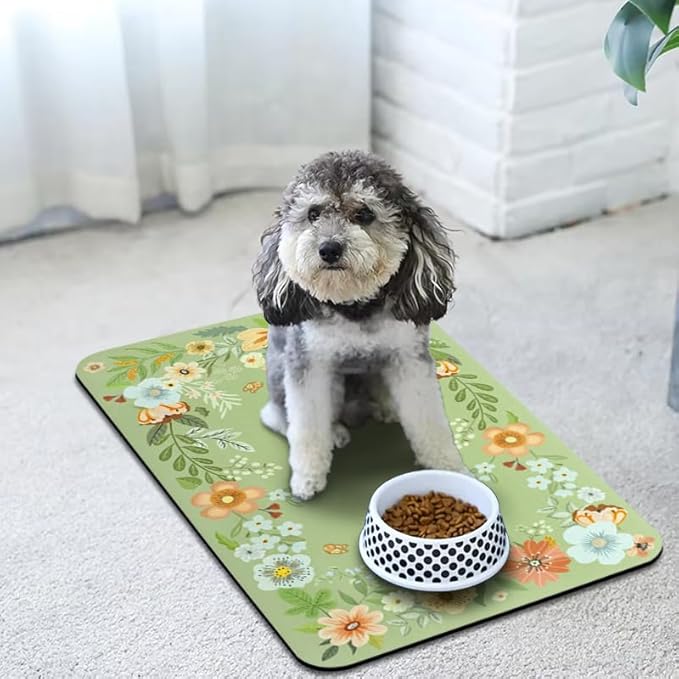 Dog Food Mats for Floors Waterproof, Pet Water Bowl Mats Pet Feeding Absorbent Placemats Flower 12 * 20 inch