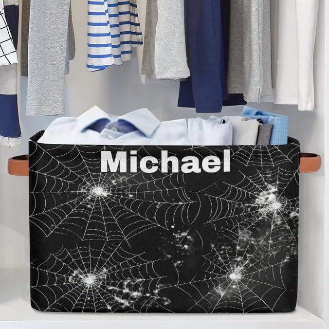 Custom Name Storage Bin, Personalized Rectangular Storage Basket with Handles for Organizing Boys Girls Toys Office Closet Shelf Baskets, Spider Web Black White