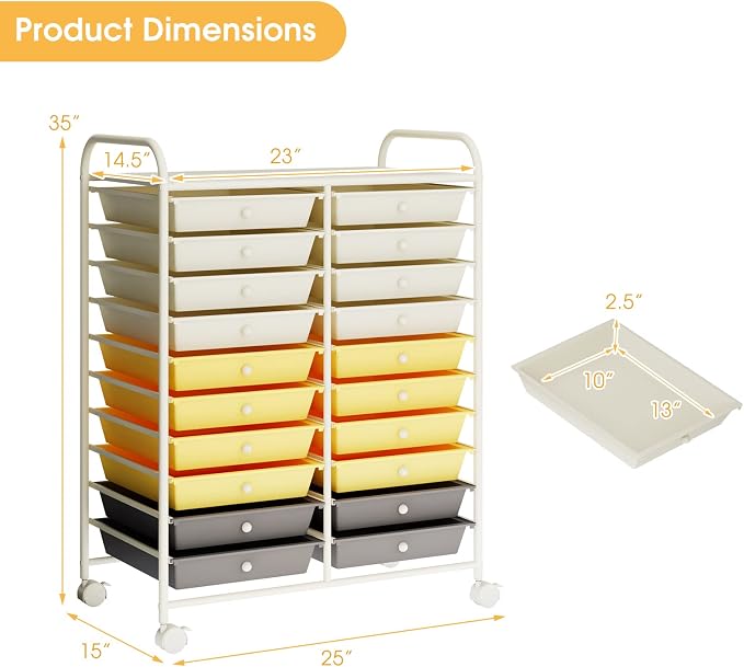 20 Drawer Rolling Storage Cart, Art Cart Organizer with Wheels for Makeup, Tool, Paper, Multipurpose Craft Storage Cart with Drawers for Office, Home, Classroom, Teacher, School (Yellow)