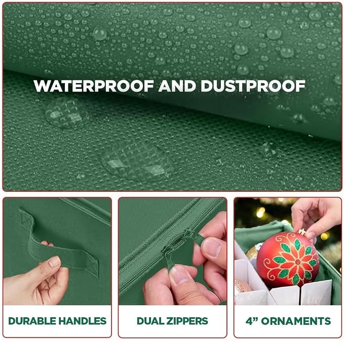 Christmas Ornament Storage Container with Dividers - Box Stores Up to 96 Ornaments, Zippered, Convenient, Adjustable, Large Organizer Bin to Protect Holiday Décor, Fits Most Standard Size, Green