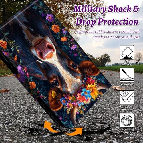 Rotating Handle Case for Samsung Galaxy Tab A 10.1" 2019 SM-T510/T515/T517, 360 Degree Swivel Kickstand with Magnetic Closure Leather Protective Cover for Men, Black White Cow Flower