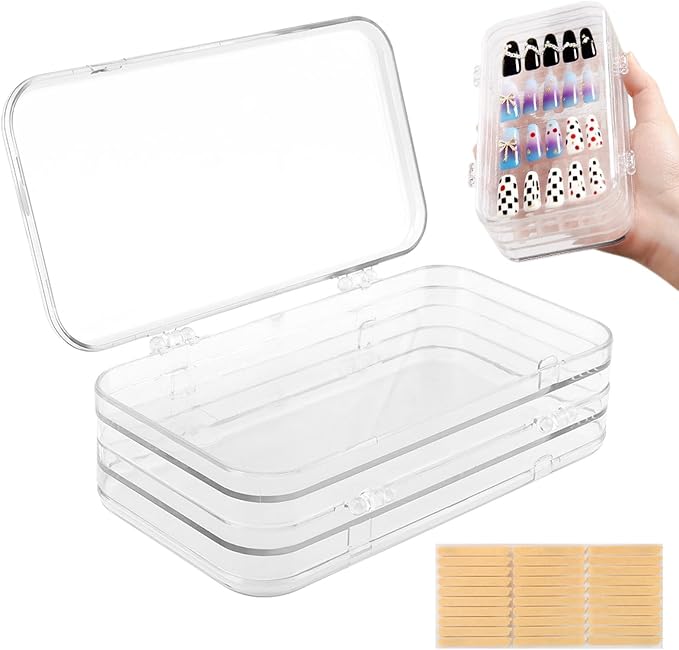 Tri-Fold Press on Nail Storage Box, Clear Organizer with Adhesive Tape | 4-Page design with 30 double sided tape sheets, PET plastic, travel portable case for fake nail art storage display