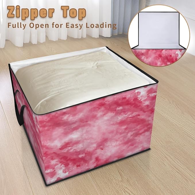 Tie Dye Large Storage Bags, Fabric Bed Storage Containers, Foldable Closet Organizers for Blanket, Clothing, Comforter, Bedding, Pink