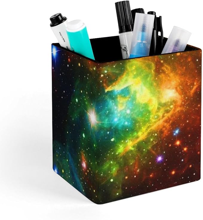 Pen Pencil Holder for Desktop, Pu Leather Stationery Organizer Colorful Rainbow Galaxy Square Pencil Cup Office Accessories Container Box