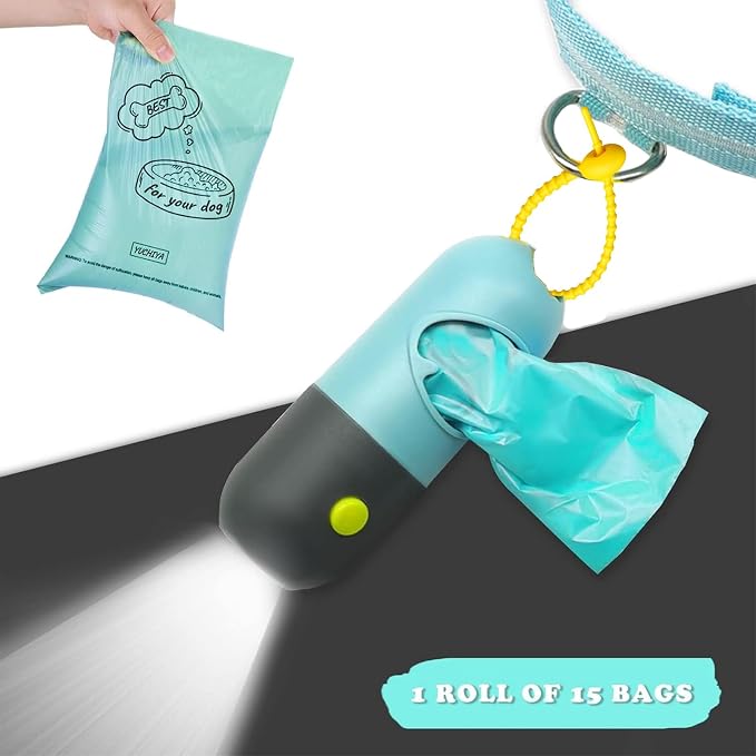 YUCHIYA Dog Poop Bag Holder Dispenser with LED Flashlight(Crystal Blue) | 100ft Ultra-Bright LED|Glow-in-the-Dark Avacado Clip|Metal Carabiner&Silicone Tether|15 Leak-Proof Scented Waste Bags