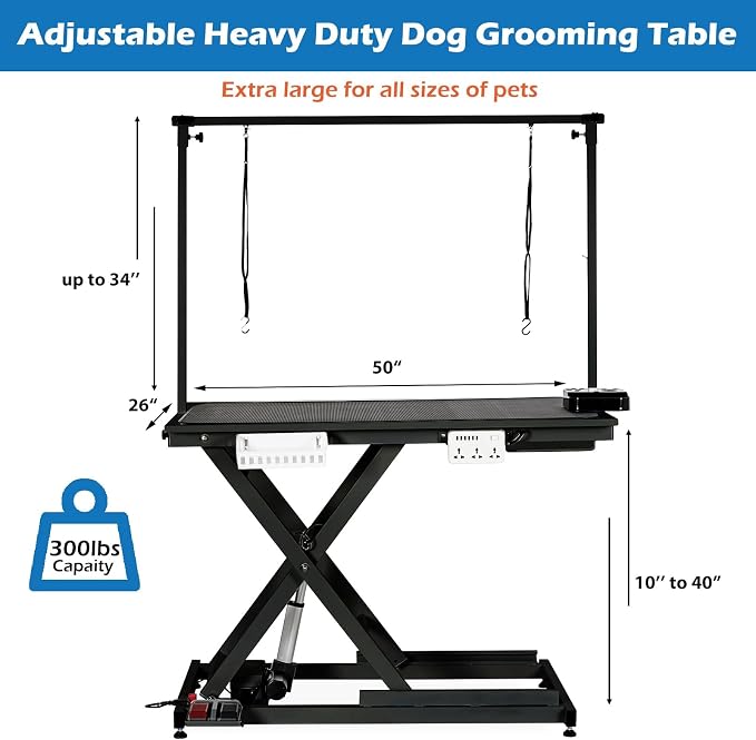 50" Hydraulic Dog Grooming Table for Pet, Professional Electric Dog Groomin-g Tabl-e, Heavy Duty Height Adjustable Pet Grooming Table with Groomin-g Arm &Anti Slip Tabletop,Capacity Up to 300LB, Black