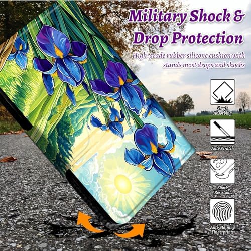 Rotating Handle Case for Samsung Galaxy Tab A7 Lite 2021 8.7", 360 Degree Swivel Kickstand with Magnetic Closure Shockproof Leather Protective Cover for Women Men, Blue Flower Lawn