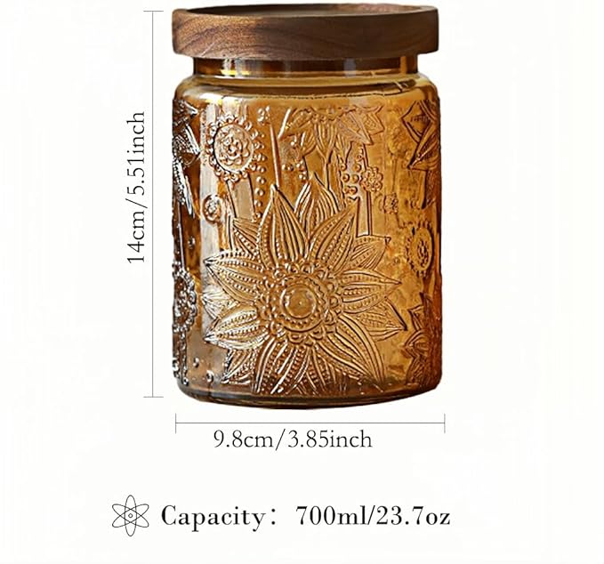 Vintage Glass Jar, 23.7 oz Yellow Sunflower Canister with Airtight Wood Lid | Coffee Bean Storage, Loose Leaf Tea Holder, Sugar Container, Candy Organizer, Cookie Keeper, Pantry Counter Decor