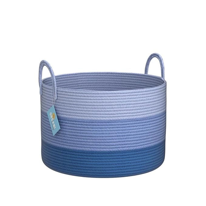 OrganiHaus Round Toy Basket & Blanket Basket, Cotton Rope 20x13" | 3-Toned Blue - Round Cotton Rope Basket, 20x13"