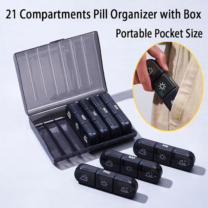 Weekly Pill Organizer 7 Day, 3 Times a Day Large Travel Daily Case | Easy Open, BPA Free AM PM Medicine Case Dispenser for Hold Vitamin, Medication, Fish Oil, Supplement, Calcium Box Reminder