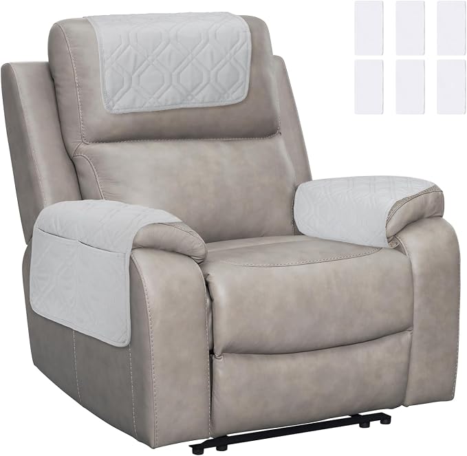 uxcell 3Pcs Sofa Armrest Covers, Armchair Covers with Side Storage Pocket Waterproof Recliner Chair Protector Anti-Slip Couch Arm Headrest Protect for Home Living Room, Light Beige Gray