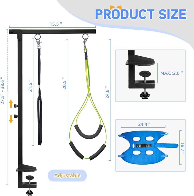Dog Grooming Arm with Hammock, Height 27"-38", Size M, Blue | Foldable table arm with no-sit holder and restraint loops; ideal for small and medium pets at home or in salons.