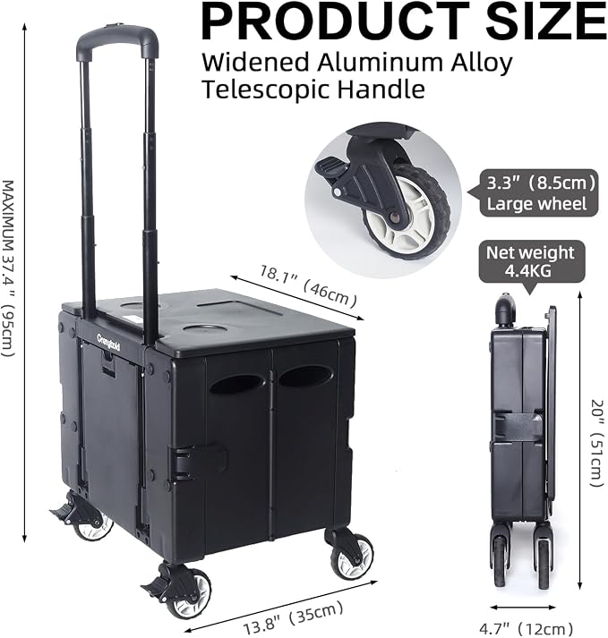 Foldable Utility Cart Portable Rolling Crate Handcart Shopping Trolley Collapsible Rolling Crate cart Tool Box, with Lid, Pull carts on Wheels, for Grocery, Shopping, Office, Teacher