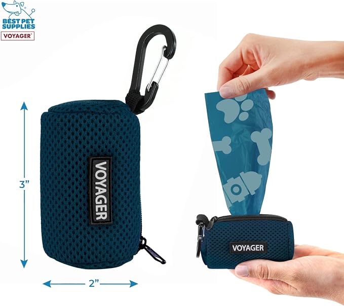 Best Pet Supplies Dog Poop Bag Holder Leash Attachment with Reusable Dispenser for Travel, Walking, Park, and Outdoor Use, Durable with Clip-On - Prussian Blue, Mesh Dispenser w/15 Bags