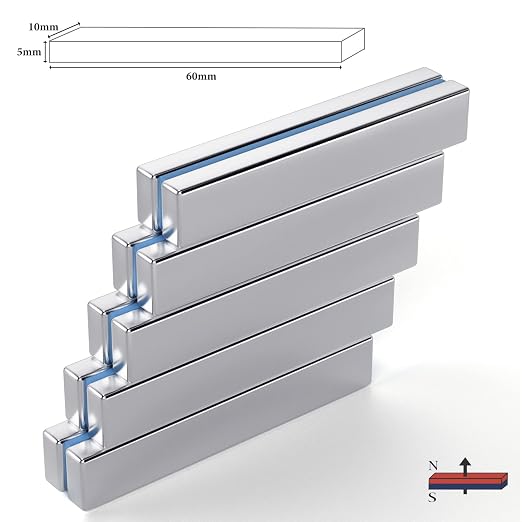 FINDMAG Heavy Duty Bar Magnets with Adhesive, 10 Pack, 60x10x5mm | Strong neodymium magnets with adhesive backing; for cabinet closures, shower doors, garage storage, tools and home projects