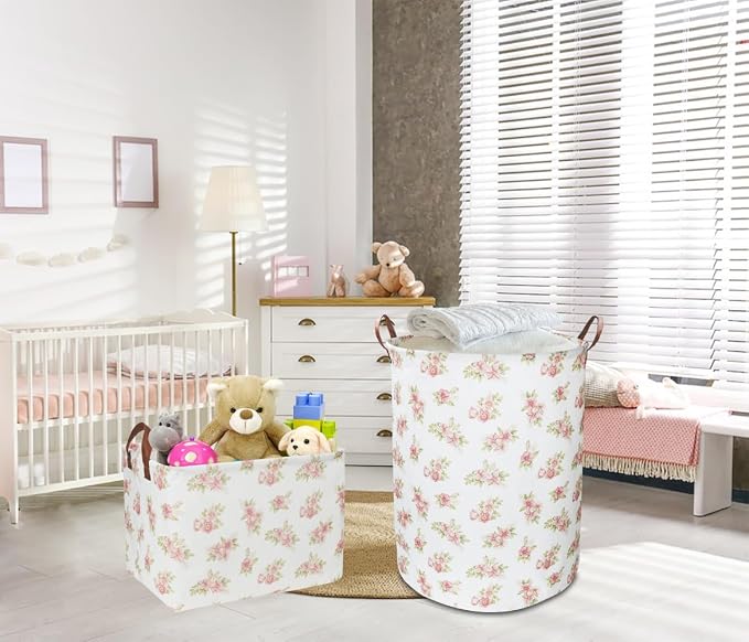NTAOHAMPER Rectangular Pink Flower Basket for Girls, Storage Bin with Handles, Room Decor, Gift Basket(Pink Flower)
