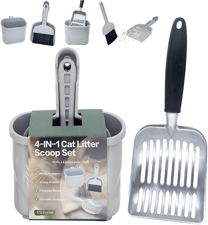 4-in-1 Cat Litter Scoop with Holder, Metal Litter Scoop Includes Portable Small Broom and Dustpan Set, Heavy Duty Stainless Steel Kitty Litter Scooper (Black)