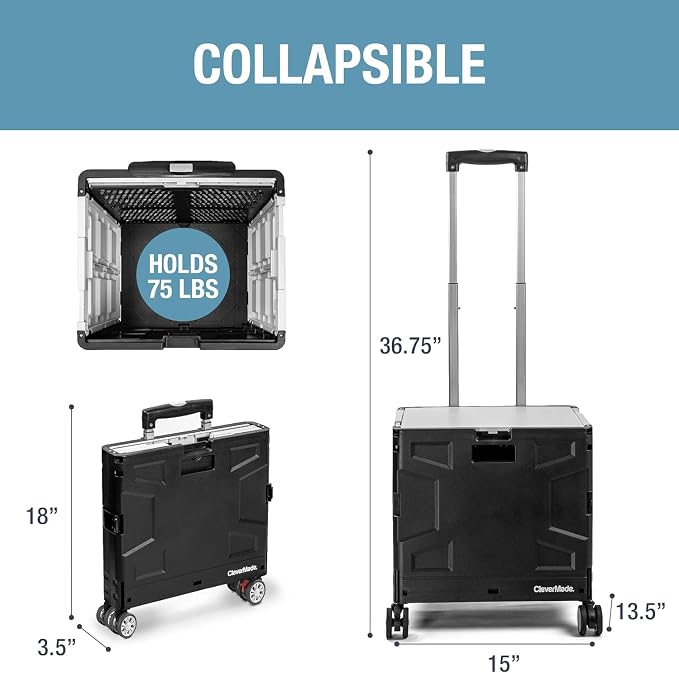 CleverMade Wheeled Trolley Crate - 35L (4 Wheels) - Black/Cream [Cool Gray 1C] and Collapsible Milk Crate (Recycled) - 25L - Stone (3PK) Bundle