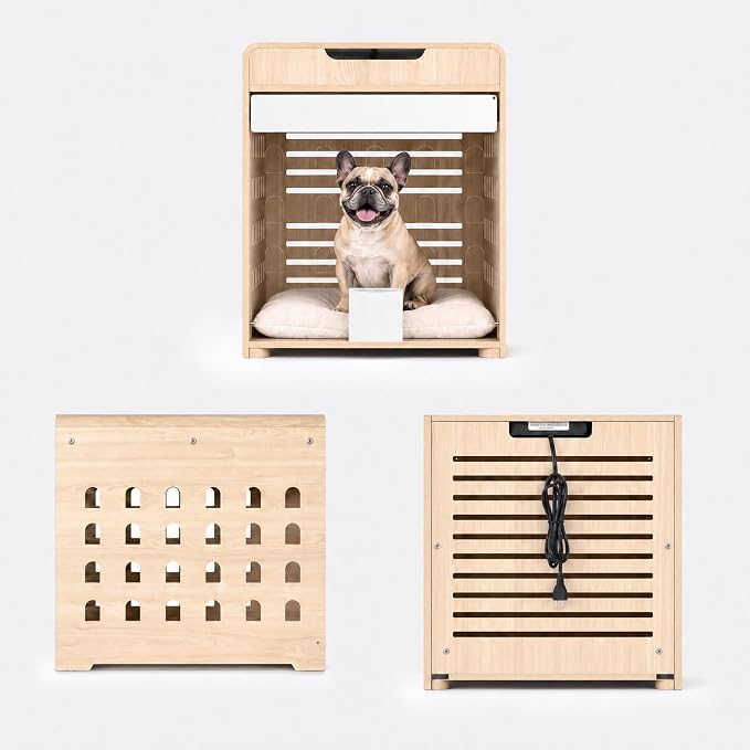 Modern Dog Crate Furniture Wooden Kennel with Charging Station End Table | Nightstand, Dog Cage, with Flip-Up Acrylic Door, Storage Drawer, for Medium Small Dogs, up to 50 lb, Living Room Bedroom, Oak