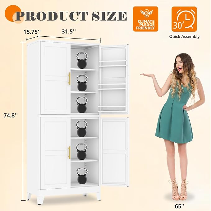 GAIOUS 74.8" Tall Metal Food Cabinet, White Kitchen Pantry Cabinet Cupboard | Food Storage, Kitchen Organizer, Storage Cabinet with 4 Door and 4 Adjustable Shelves, Steel Freestanding, for Dining Living