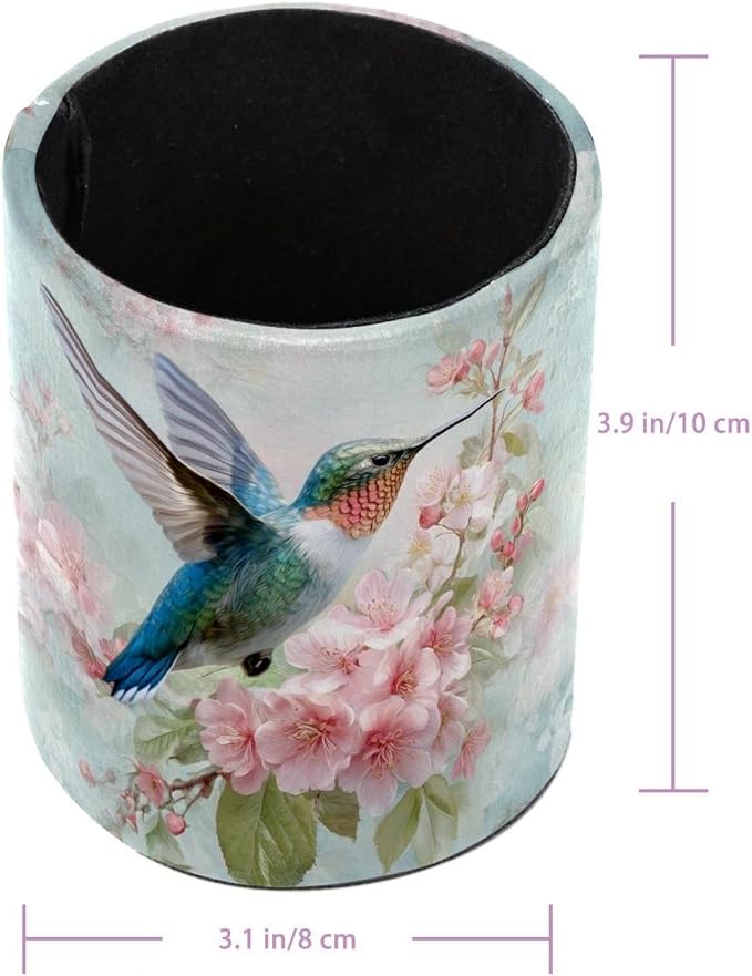 Faux Leather Pen Holder for Desk, Pencil Organizer Hummingbird Pen Cup Desk Decor Makeup Brush Holder Storage for Office Home