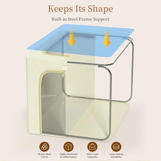 GoMaihe Clothes Storage Bins with Metal Frame for Closet, 40L 4-Pack Beige | Sweaters Hoodies Jeans T-Shirt, Closet Top Shelf Organizer, Collapse-Proof Stackable, Clear Window, Dual Access Space Saving