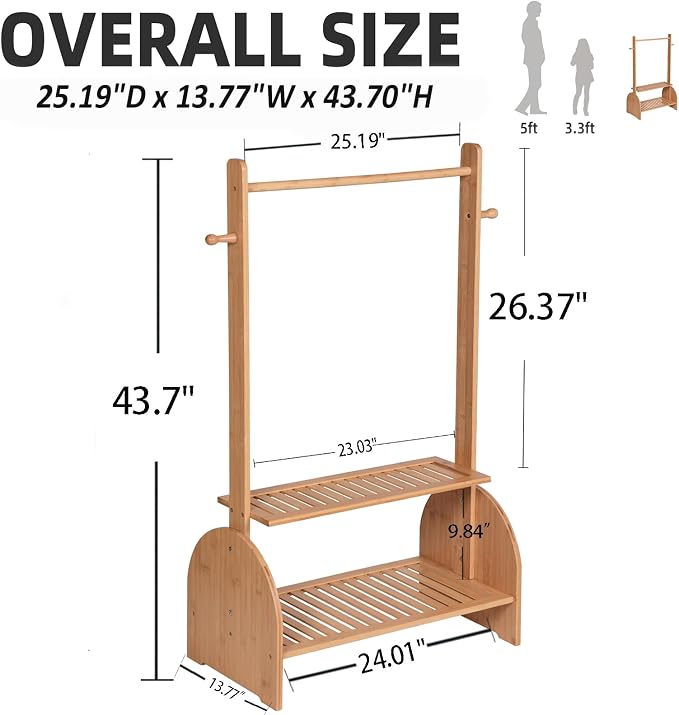 BAMBOOHOMIE Kids Clothing Rack with Adjustable Rods, Children Clothes Garment Rack for Kids Baby Pet, Kids Dress Up Rack with 2 Bottom Shelves, Kids Wardrobe Closet for Toddlers Nursery (Natural)