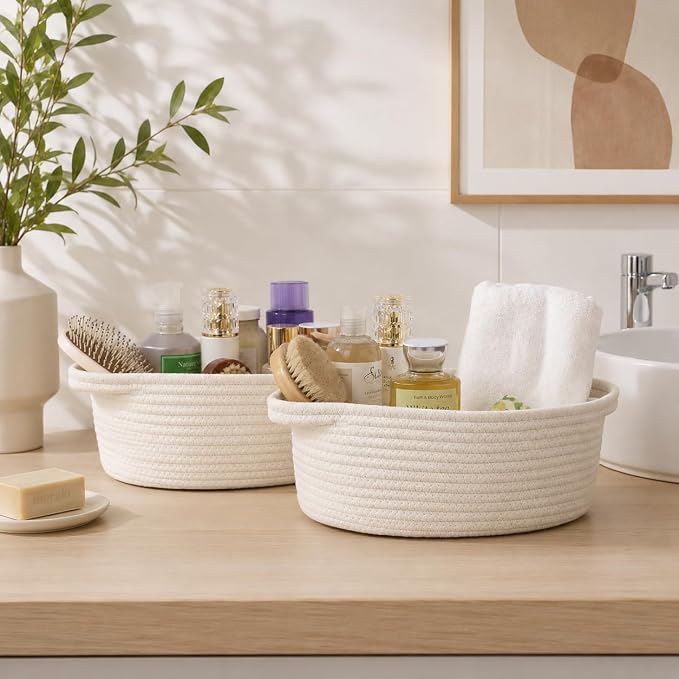 Small Woven Cotton Rope Baskets with Handles, Set of 2, White | 12 x 8 x 5 Inch Baskets, Empty Gift Baskets, Decorative Storage, Nursery Shelf Organizer, Multi-Room Storage