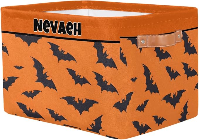 Personalized Kids Toy Box Name, Custom Nursery Baskets Cubes Box, Girls Custom Storage Basket Laundry Baskets Organizer with Handles, Black Bats Pattern Orange Background