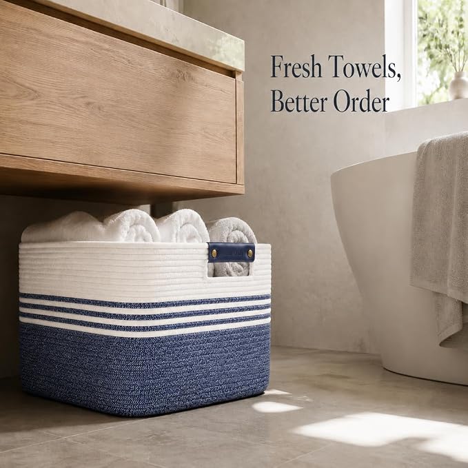Cotton Rope Laundry Basket Large, 19.2GAL Collapsible Woven Storage Baskets for Living Room Kids Toys Stuffed Animal,Boho Rectangular Decorative Short Hamper for Dirty Clothes, Blankets Denim Blue