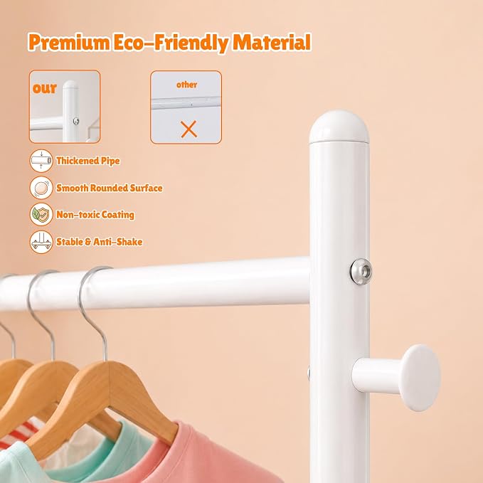 Kids Clothes Rack with Double Rod Height Adjustable Clothing Rack White | Storage Basket & Hooks, Height Adjustable Kids Clothes Rack, Portable Baby Dress Up Garment Rack for Princess Dresses