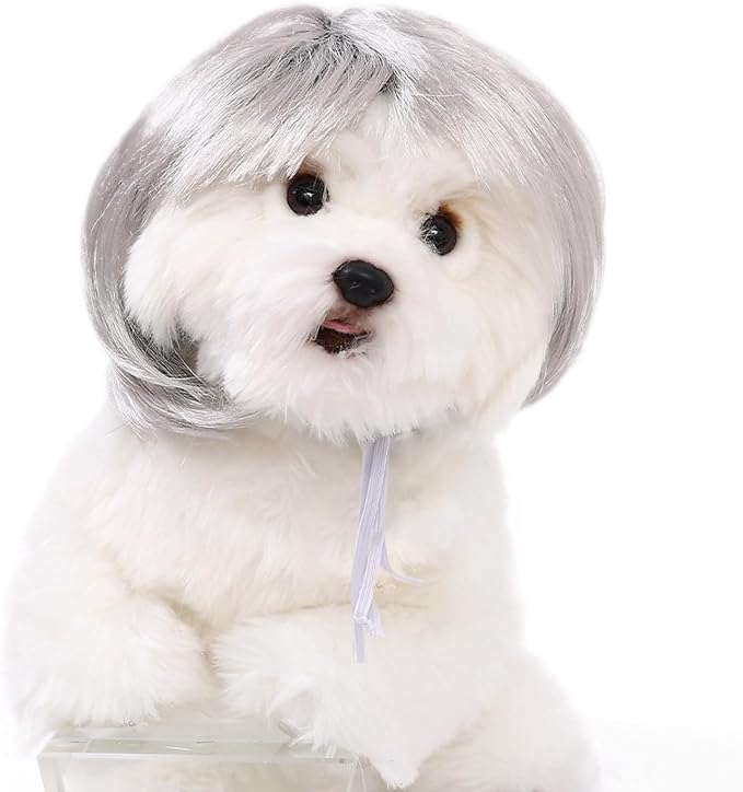 Cute Dog Wig for Small Dogs & Cat, Funny Pet Wigs Headband with Elastic Bands, 7 Inch Adjustable Dog Cat Costume Accessory for Halloween, Christmas & Cosplay (White)