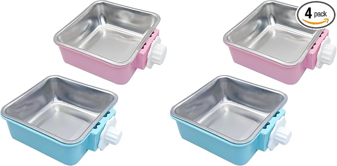 kathson Crate Dog Bowl, Removable Stainless Steel Hanging Pet Kennel Cage Bowl Food & Water Feeder Coop Cup for Puppy, Cat, Rabbit,Guinea Pigs 2pcs Large Square(Blue,Pink) (Pack of 2)